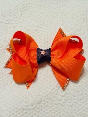 Handmade Astros Orange Hair Bow with Navy Center and Rhinestones